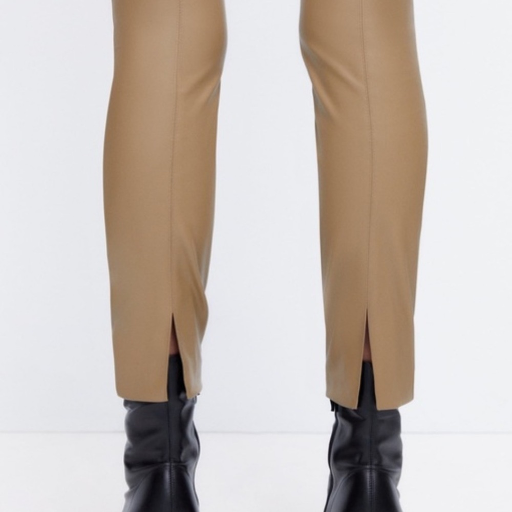 Zara Tan Faux Leather Split Hem Pants Side Zip High Rise Vegan Leather XS NWT - Picture 7 of 7